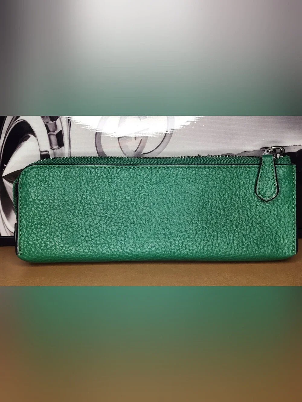 Authentic Coach Green Leather Zip Pencil/Makeup Case Bundle & Cosmetic Mirror